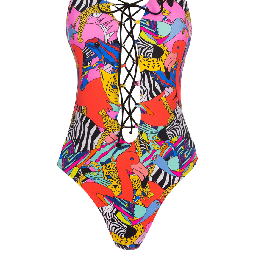 Fashion Color Printed Deep V-neck One-piece Swimsuit,One Pieces