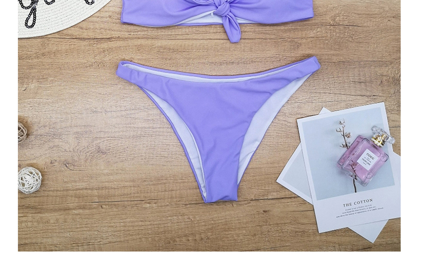 Fashion Pale Pinkish Purple Off-the-shoulder Bandeau Short Sleeve Split Swimsuit,Bikini Sets