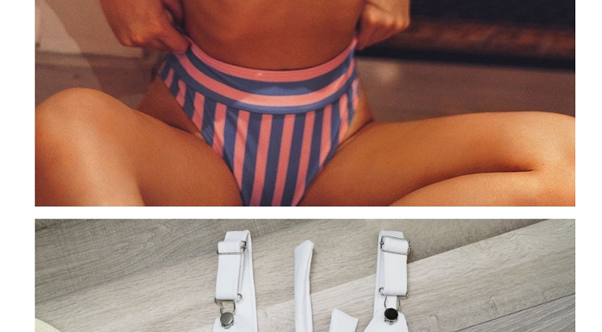 Fashion White + Color Stripes High-waist Striped Printed Split Swimsuit,Bikini Sets