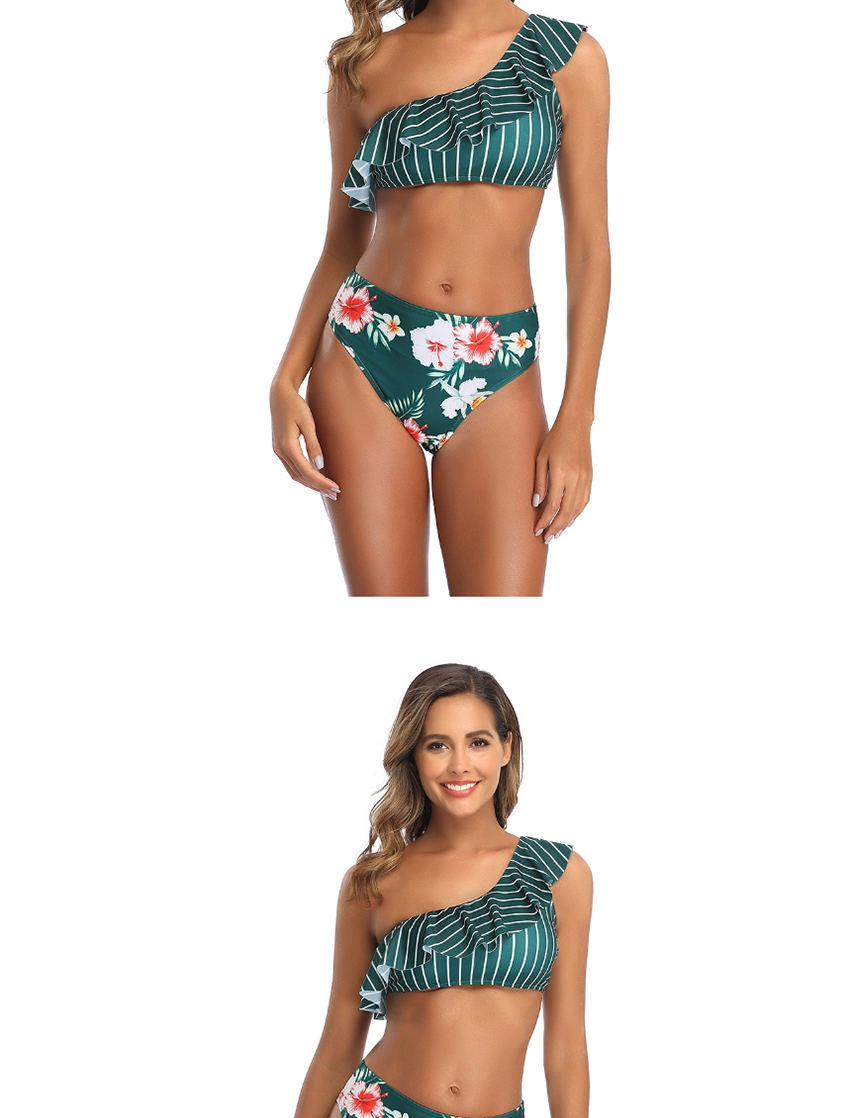 Fashion Green Striped Printed One Shoulder Split Split Swimsuit,Swimwear Sets