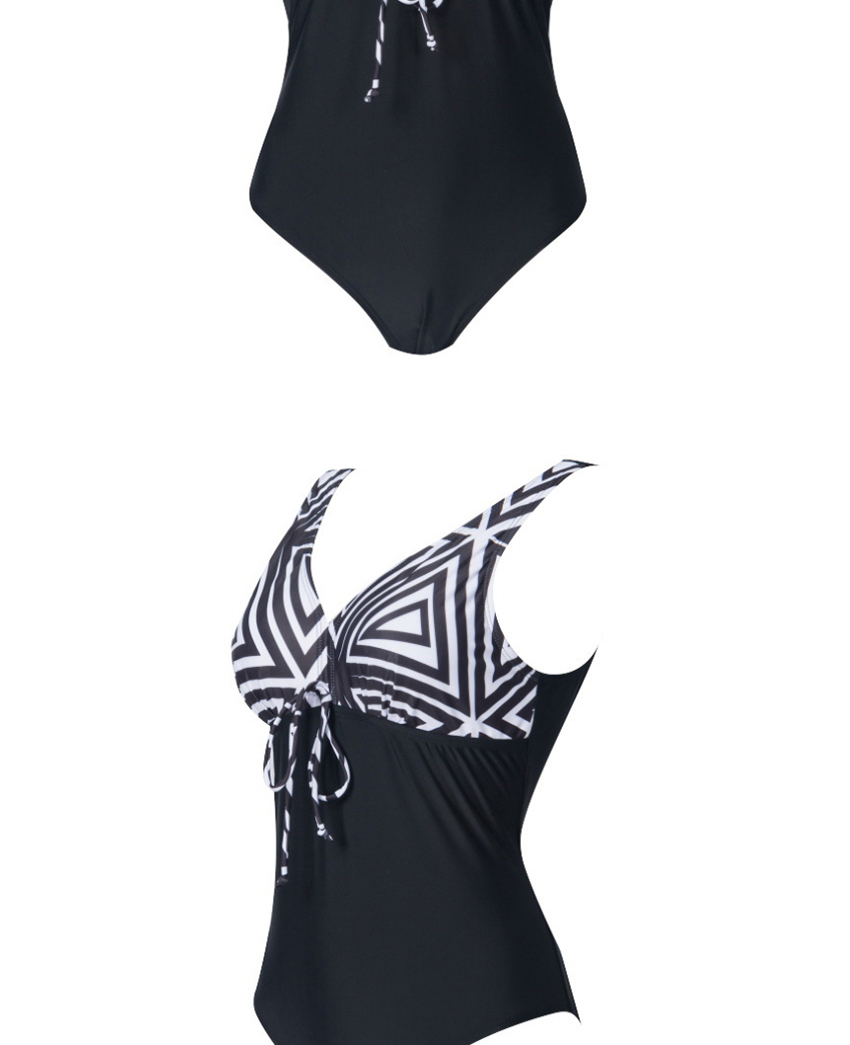 Fashion Black Geometric Print Stitching One-piece Swimsuit,One Pieces