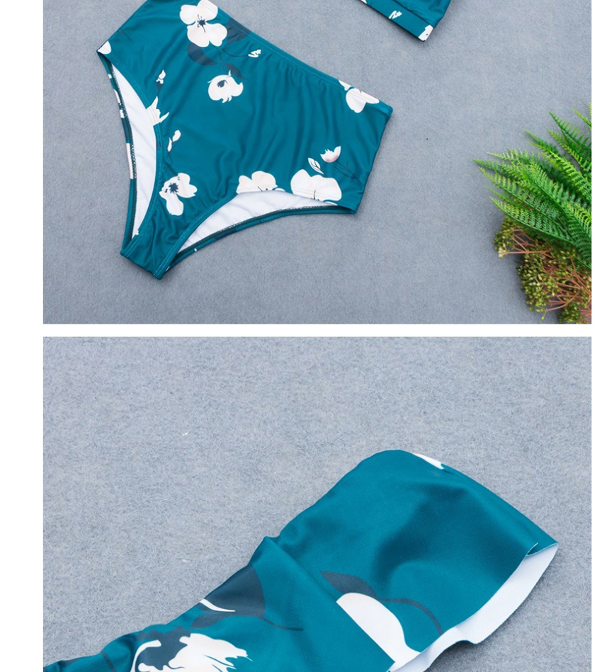 Fashion Green One Shoulder Frill Print High Waist Split Swimsuit,Swimwear Sets
