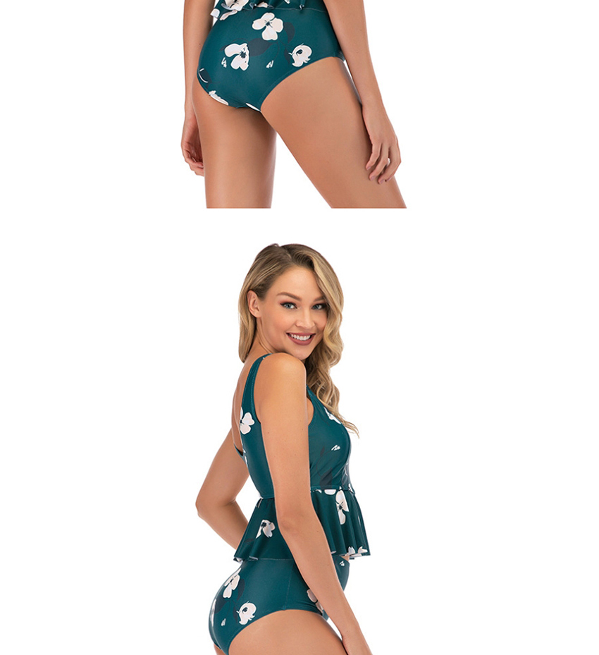 Fashion Green Ruffled Printed High Waist Conservative Split Swimsuit,Swimwear Sets