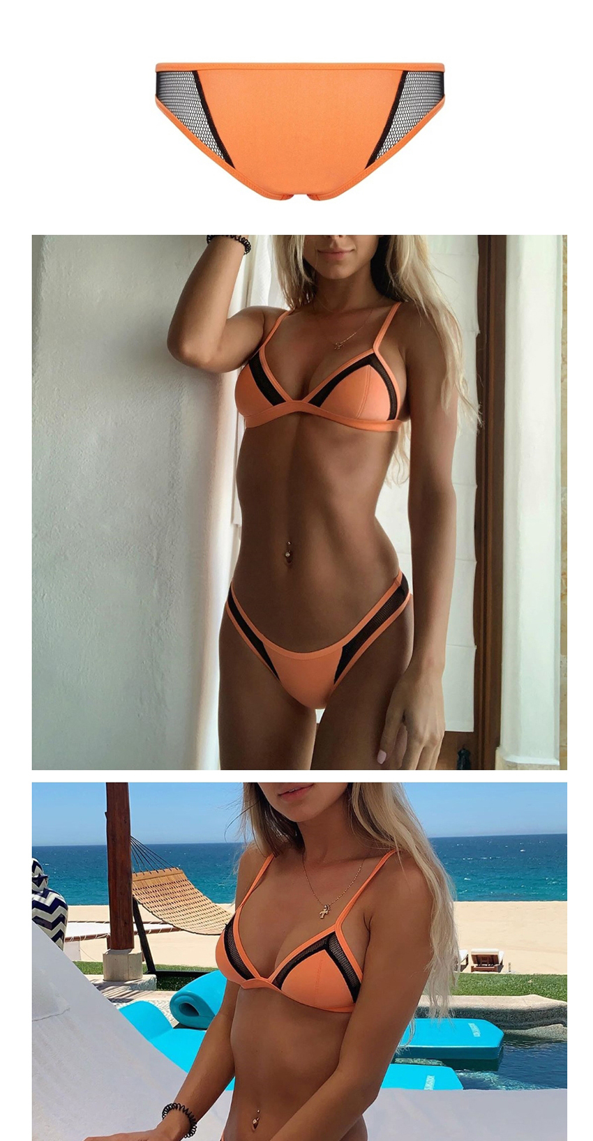 Fashion Orange Mesh Panelled Contrast Split Swimsuit,Bikini Sets