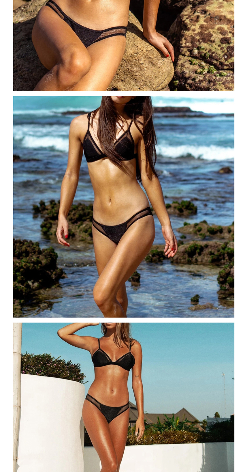 Fashion Black Mesh Panelled Contrast Split Swimsuit,Bikini Sets