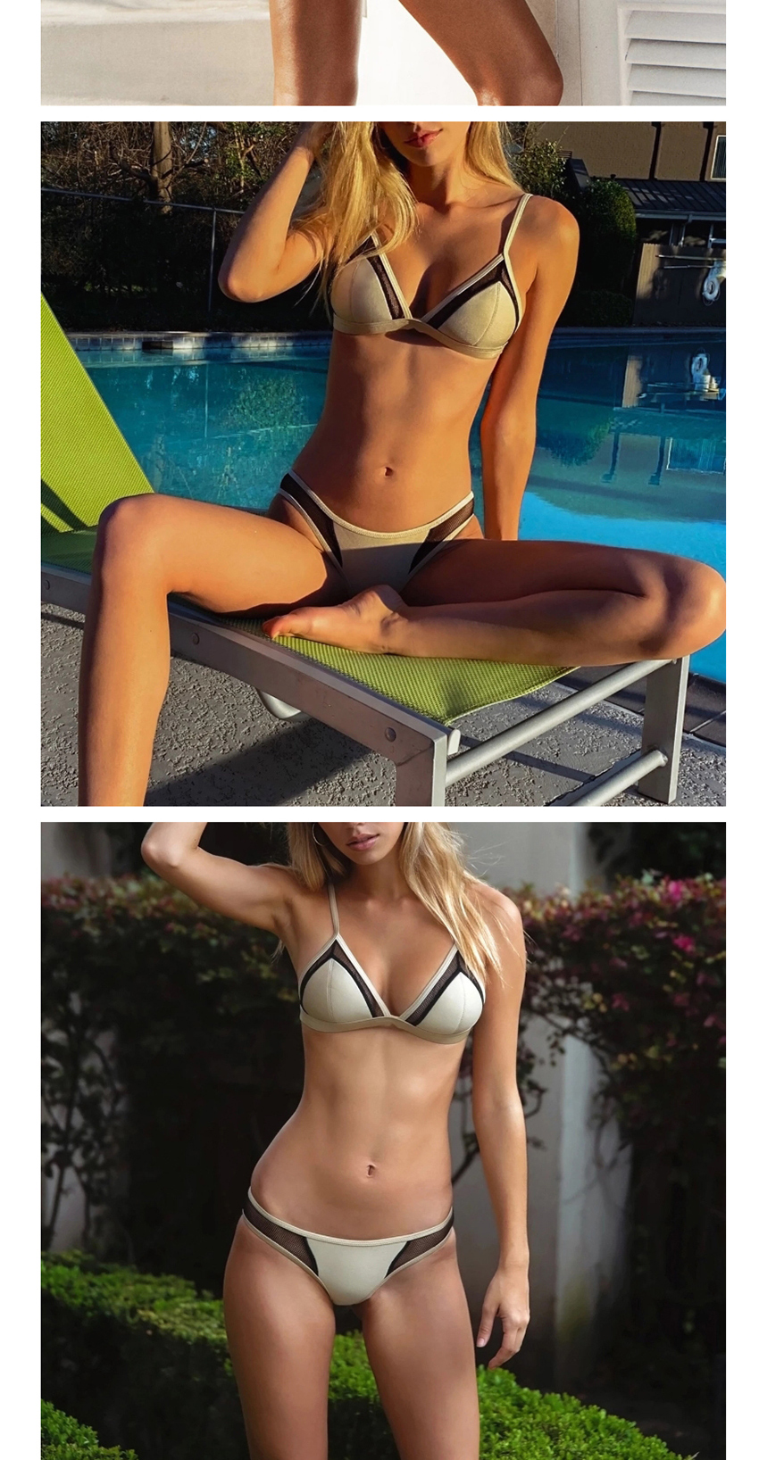 Fashion Lake Green Mesh Panelled Contrast Split Swimsuit,Bikini Sets