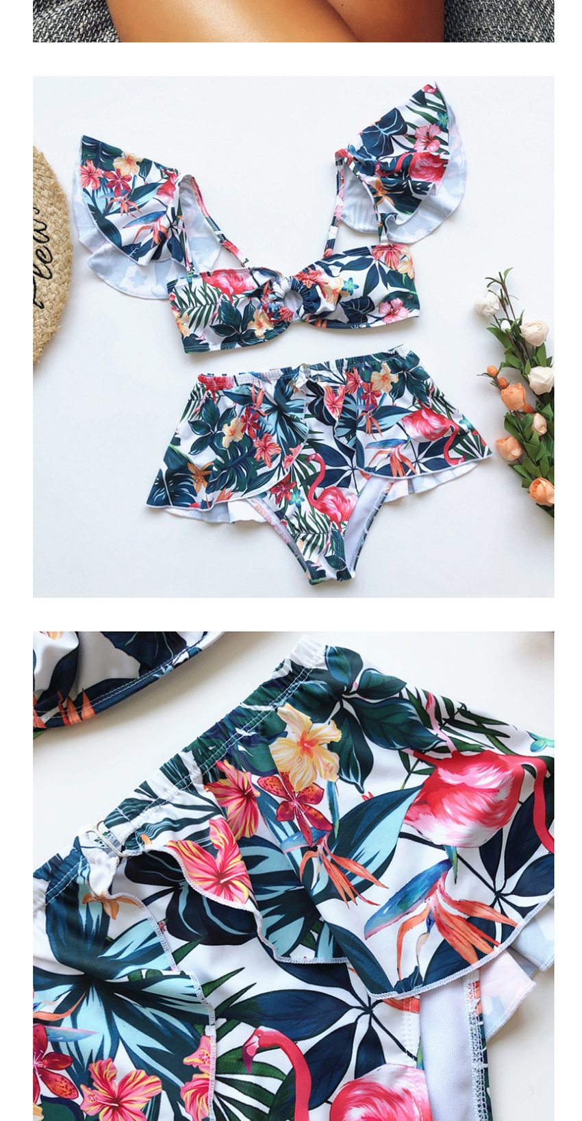 Fashion Flamingo Flower Printed Ruffle Bikini Three Piece Set,Bikini Sets