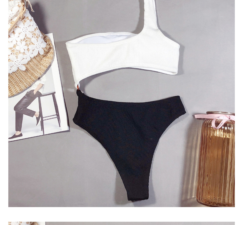 Fashion Black + White One-shoulder Contrast Stitching One-piece Swimsuit,One Pieces