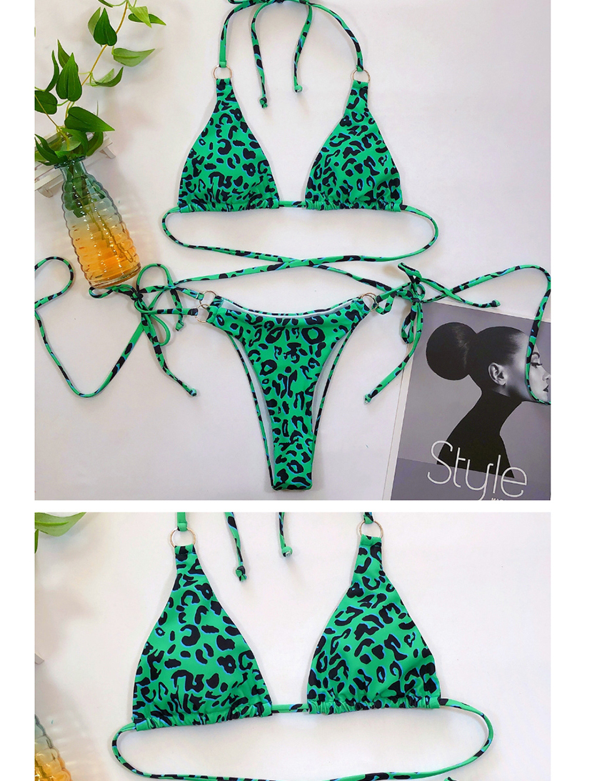 Fashion Fluorescent Green Printed Stitching Halter Split Swimsuit,Bikini Sets