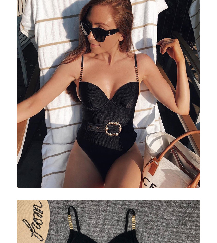 Fashion Black Belted Metal Chain Shoulder Strap One Piece Swimsuit,One Pieces