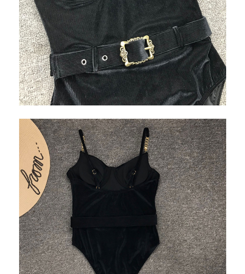 Fashion Black Belted Metal Chain Shoulder Strap One Piece Swimsuit,One Pieces