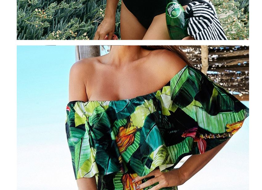Fashion Green Leaf Tangerine White Flower Floral Word Shoulder Ruffled One-piece Swimsuit,One Pieces