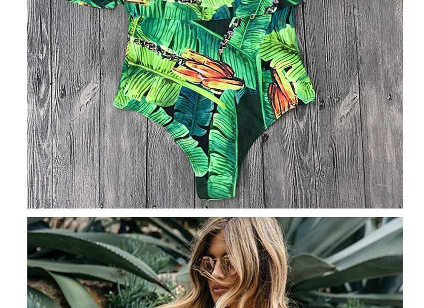 Fashion Green Leaf Tangerine White Flower Floral Word Shoulder Ruffled One-piece Swimsuit,One Pieces