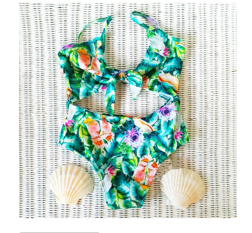 Fashion Green Leaves + Parrot Printed Ruffled One-piece Swimsuit,One Pieces