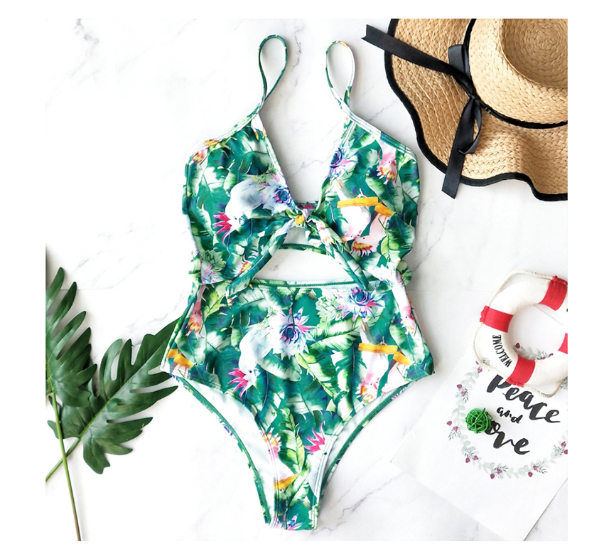 Fashion Green Leaves + Parrot Printed Ruffled One-piece Swimsuit,One Pieces