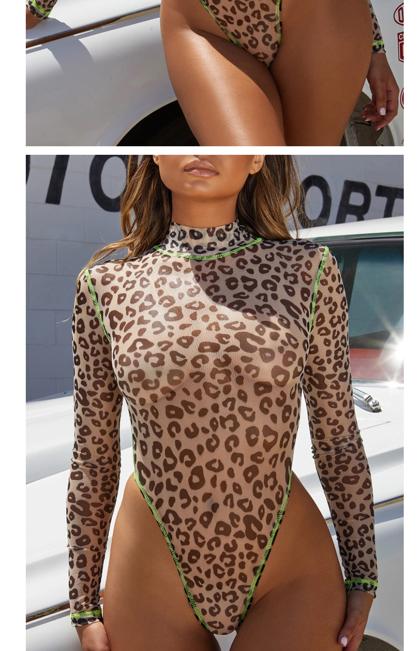 Fashion Starry Yarn Long-sleeve Sunscreen Leopard Print One-piece Swimsuit,SLEEPWEAR & UNDERWEAR