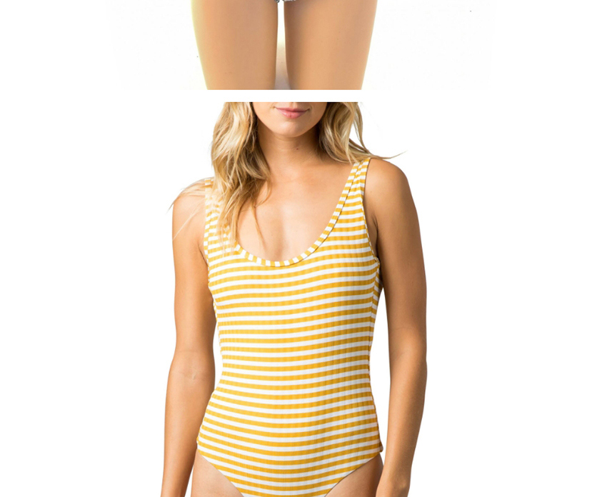 Fashion Yellow Backless Striped Checkered One Piece Swimsuit,SLEEPWEAR & UNDERWEAR