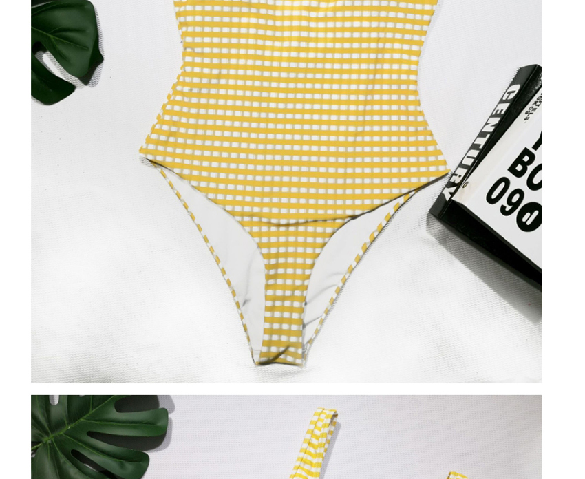 Fashion Yellow Backless Striped Checkered One Piece Swimsuit,SLEEPWEAR & UNDERWEAR