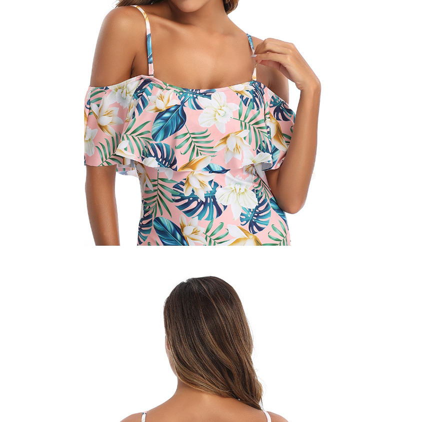 Fashion Navy Ruffled Shoulder Flamingo Print One-piece Swimsuit,One Pieces