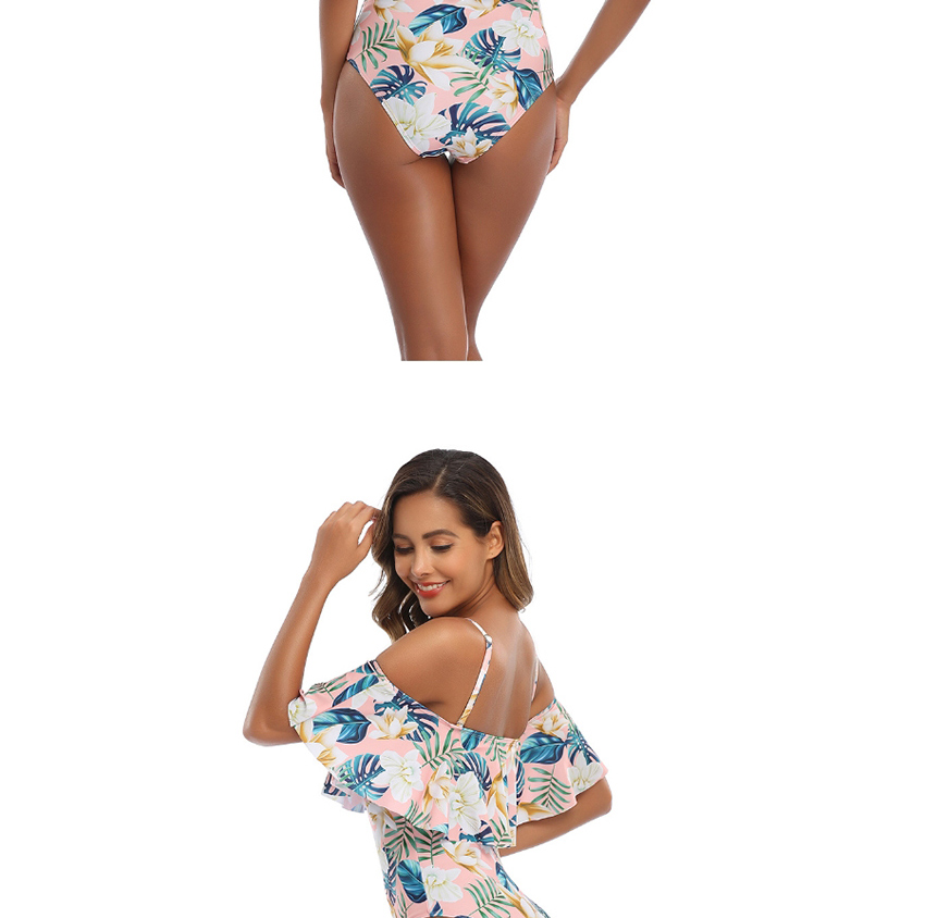 Fashion Navy Ruffled Shoulder Flamingo Print One-piece Swimsuit,One Pieces