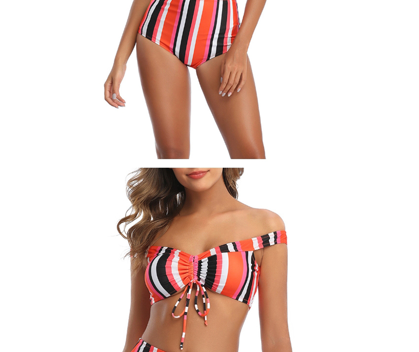 Fashion Color High-waist Striped Off-shoulder Split Swimsuit,Bikini Sets