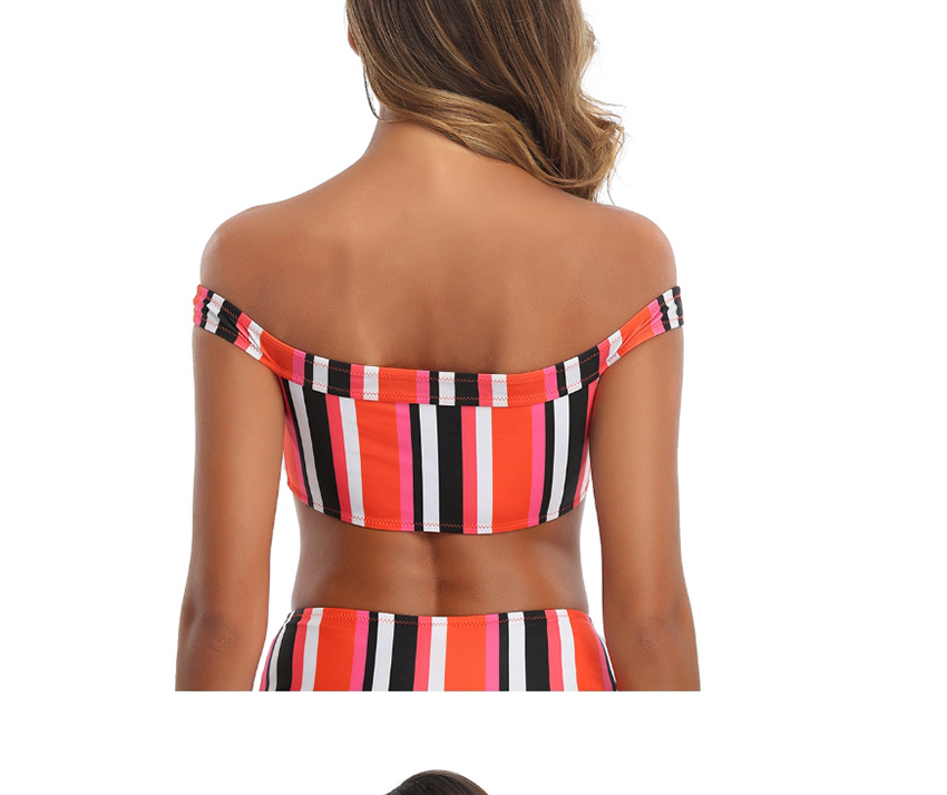 Fashion Color High-waist Striped Off-shoulder Split Swimsuit,Bikini Sets