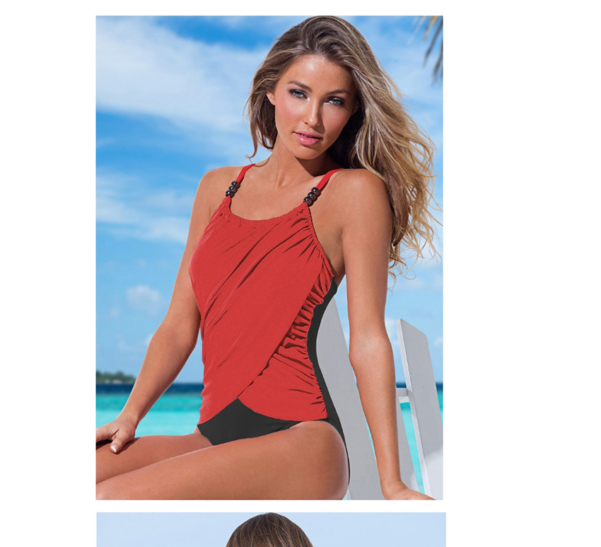 Fashion Red Beaded Contrast Triangle One-piece Swimsuit,One Pieces
