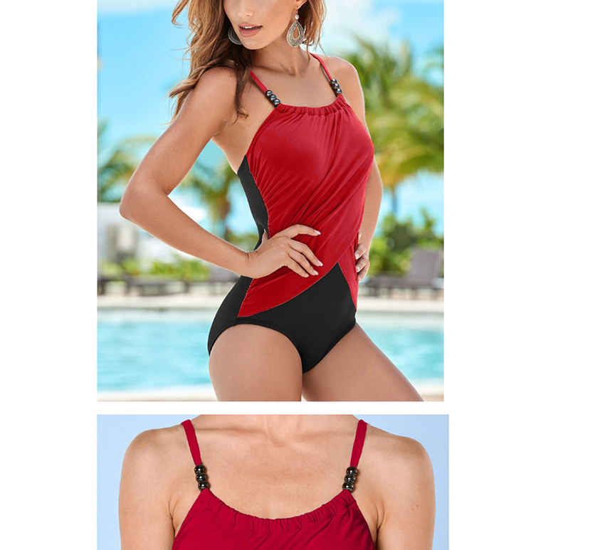 Fashion Pink Beaded Contrast Triangle One-piece Swimsuit,Beach Dresses
