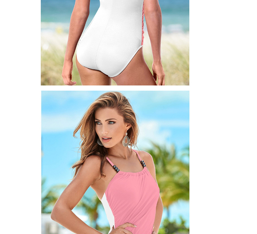 Fashion Pink Beaded Contrast Triangle One-piece Swimsuit,Beach Dresses