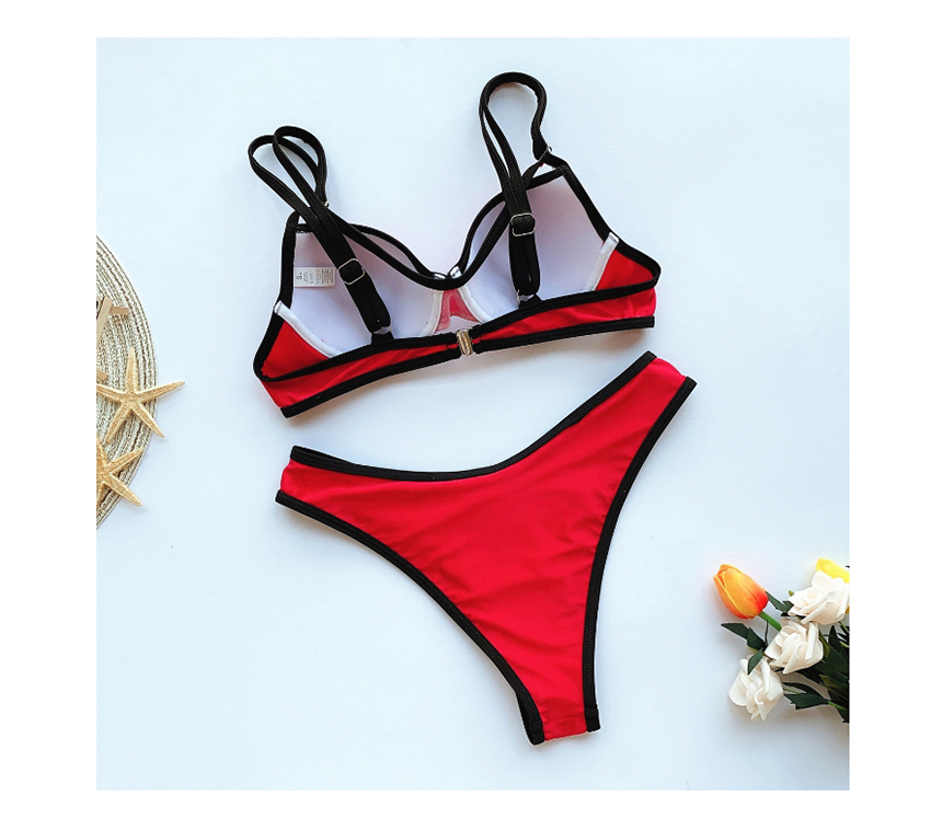 Fashion Red Paneled Hollow Hard Undercover Split Swimsuit,Bikini Sets