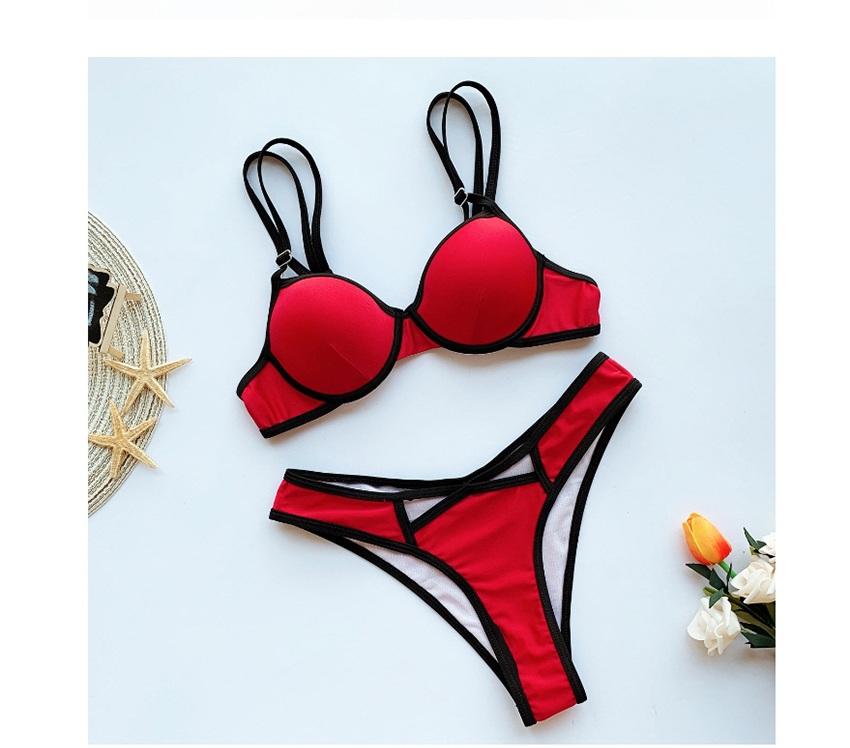 Fashion Red Paneled Hollow Hard Undercover Split Swimsuit,Bikini Sets