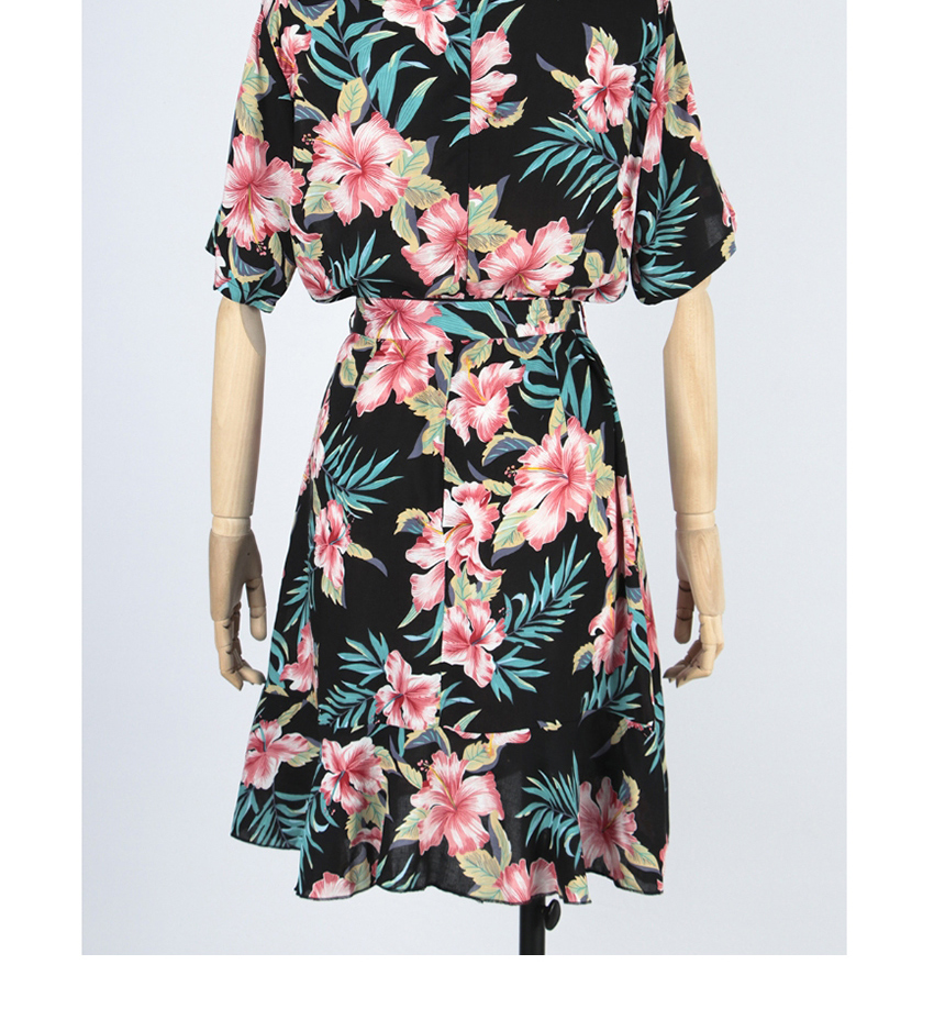 Fashion Black Flower Print Wrap Lace Up V-neck Dress,Mini & Short Dresses