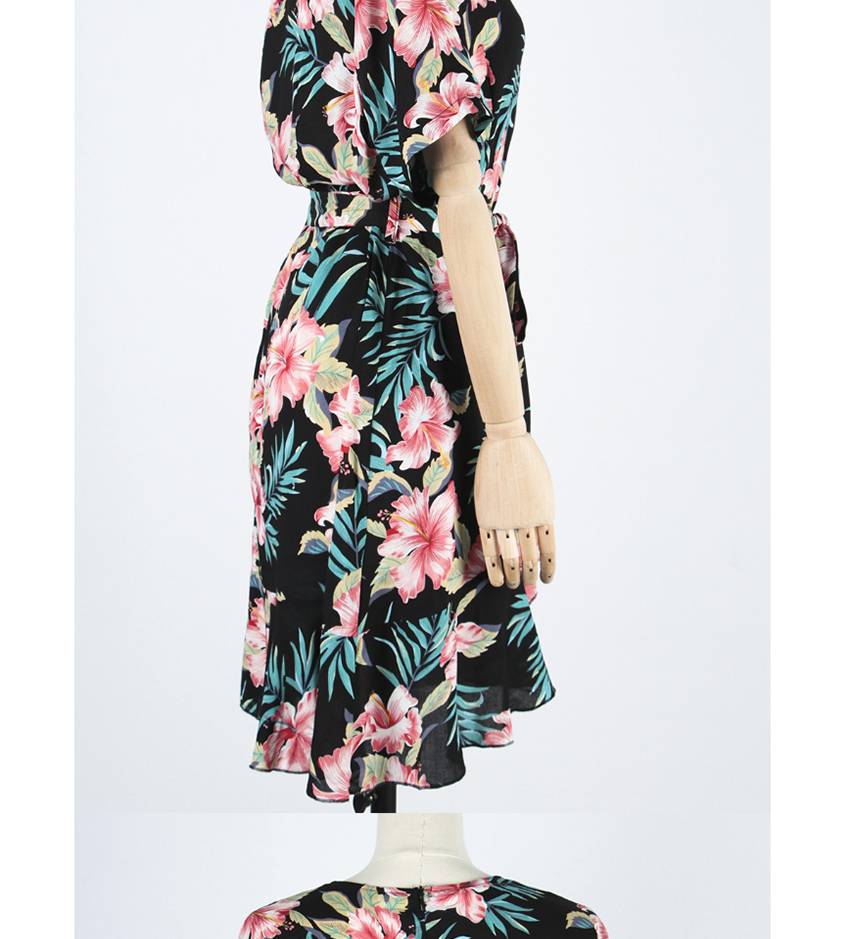 Fashion Black Flower Print Wrap Lace Up V-neck Dress,Mini & Short Dresses