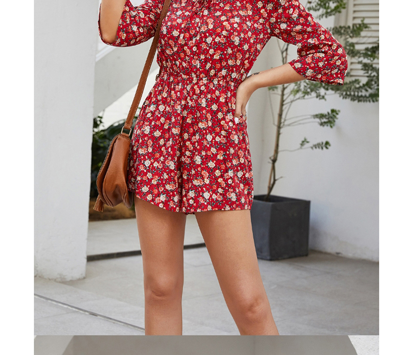 Fashion Red Neckline Lace-up Floral Shorts,Pants