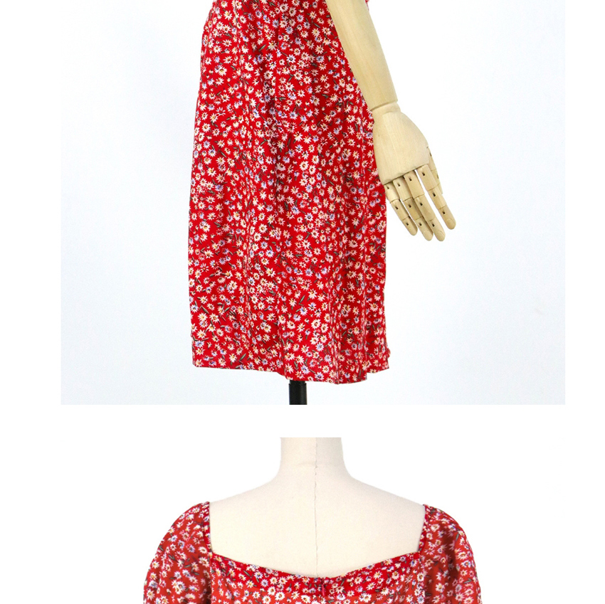 Fashion Red Floral Print Lantern Sleeve Square Collar Dress,Long Dress