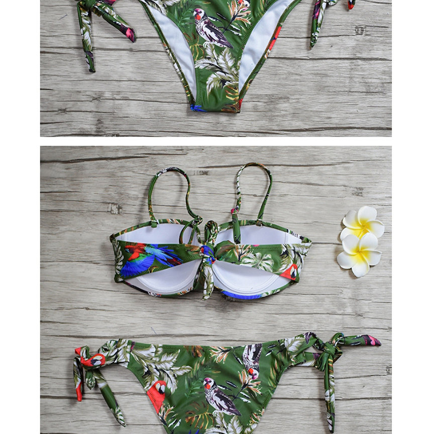 Fashion Green Printed Cross-pleated Lace Bandeau Split Swimsuit,Bikini Sets