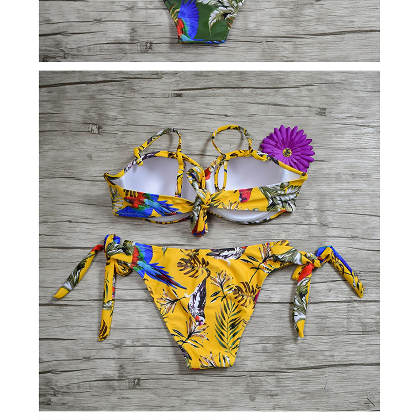 Fashion Yellow Printed Cross-pleated Lace Bandeau Split Swimsuit,Bikini Sets
