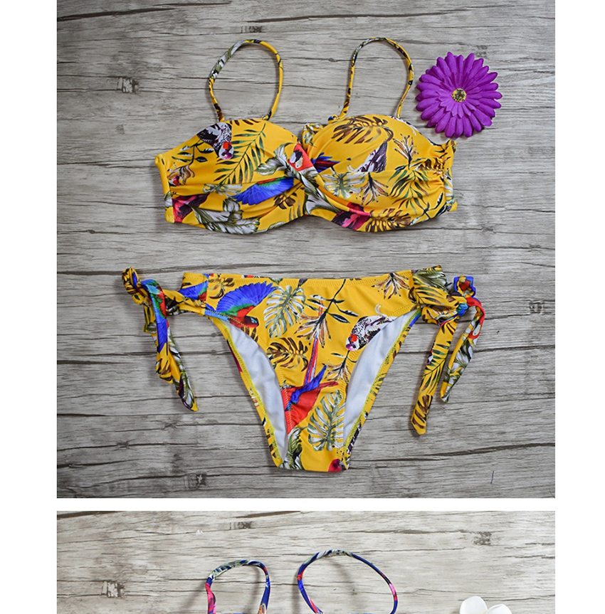Fashion Purple Printed Cross-pleated Lace Bandeau Split Swimsuit,Bikini Sets