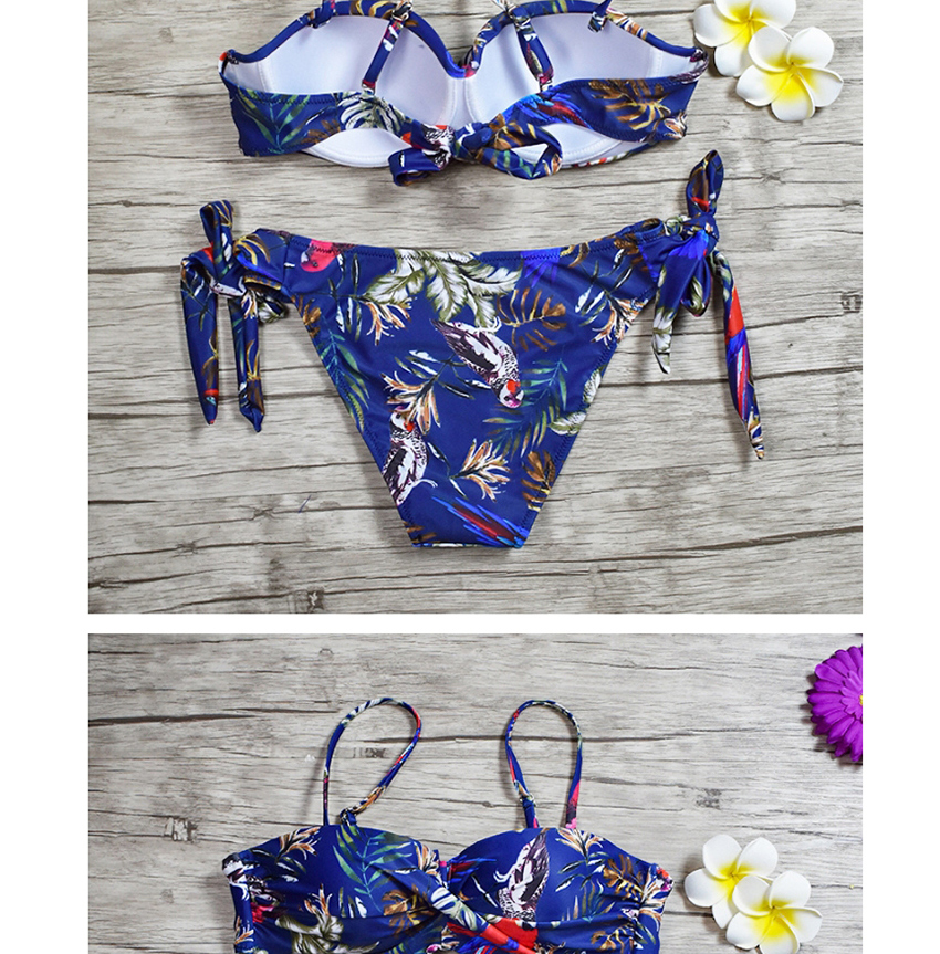 Fashion Purple Printed Cross-pleated Lace Bandeau Split Swimsuit,Bikini Sets