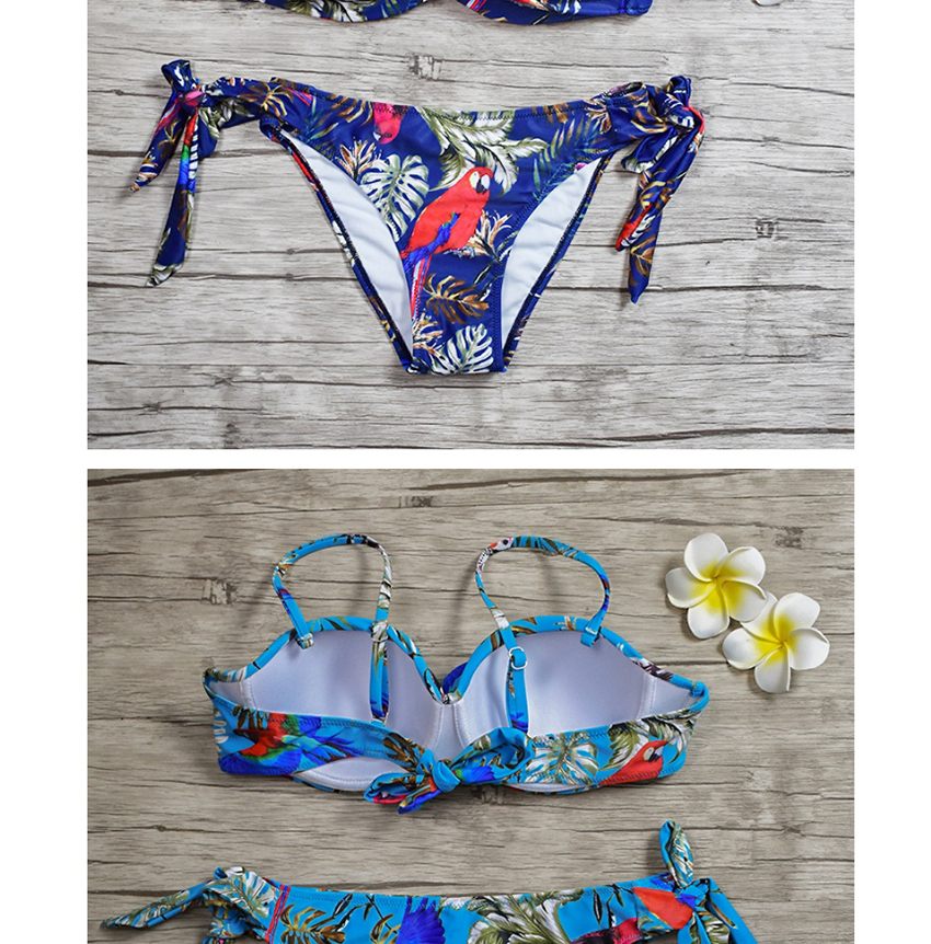 Fashion Blue Printed Cross-pleated Lace Bandeau Split Swimsuit,Bikini Sets