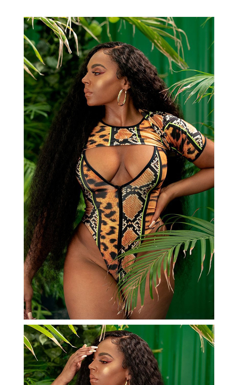 Fashion Snake Pattern V-neck Printed Zip One-piece Swimsuit,One Pieces