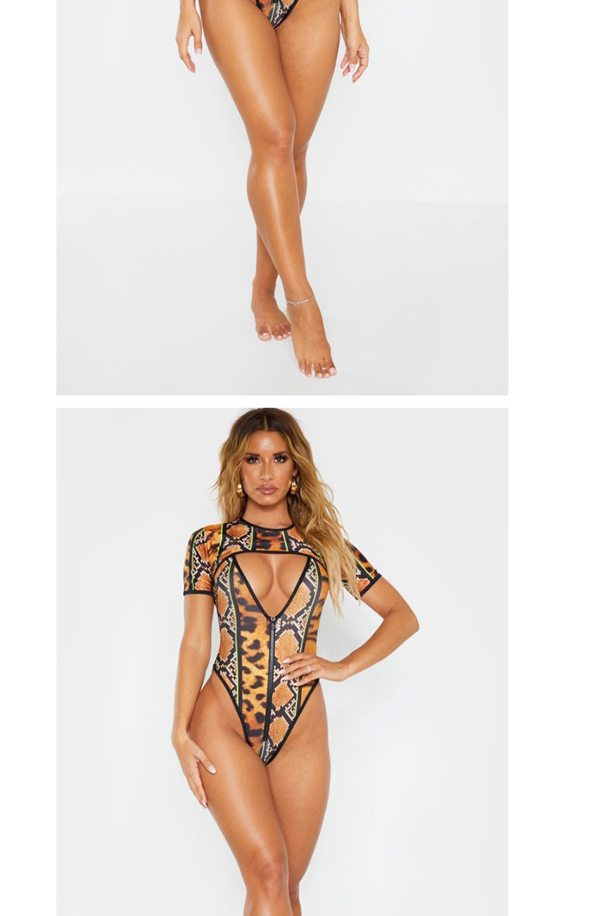 Fashion Snake Pattern V-neck Printed Zip One-piece Swimsuit,One Pieces