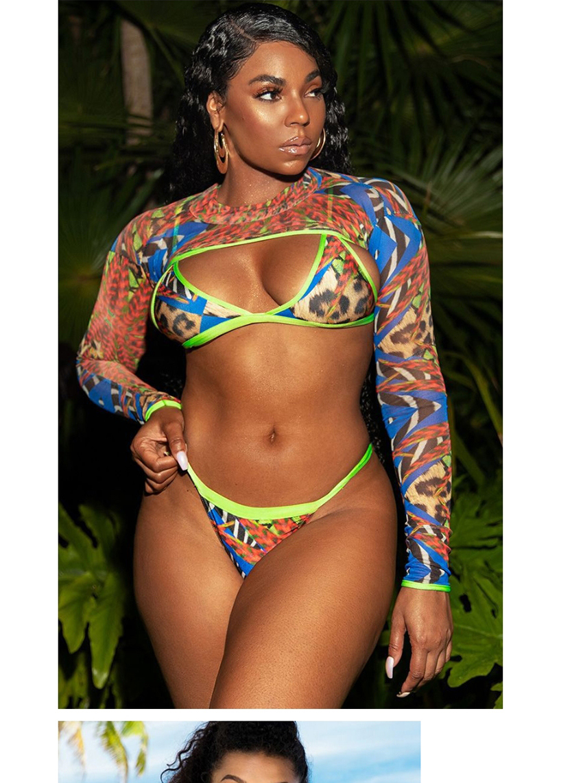 Fashion Top Sleeve (long Sleeves) Color Leopard Print Split Swimwear Three Piece Set,Bikini Sets