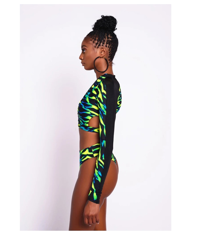 Fashion Green Zip Print Split Swimsuit,Swimwear Sets