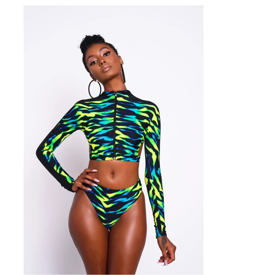 Fashion Green Zip Print Split Swimsuit,Swimwear Sets