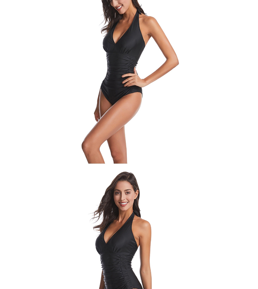 Fashion Dark Blue V-neck Pleated One-piece Swimsuit,One Pieces