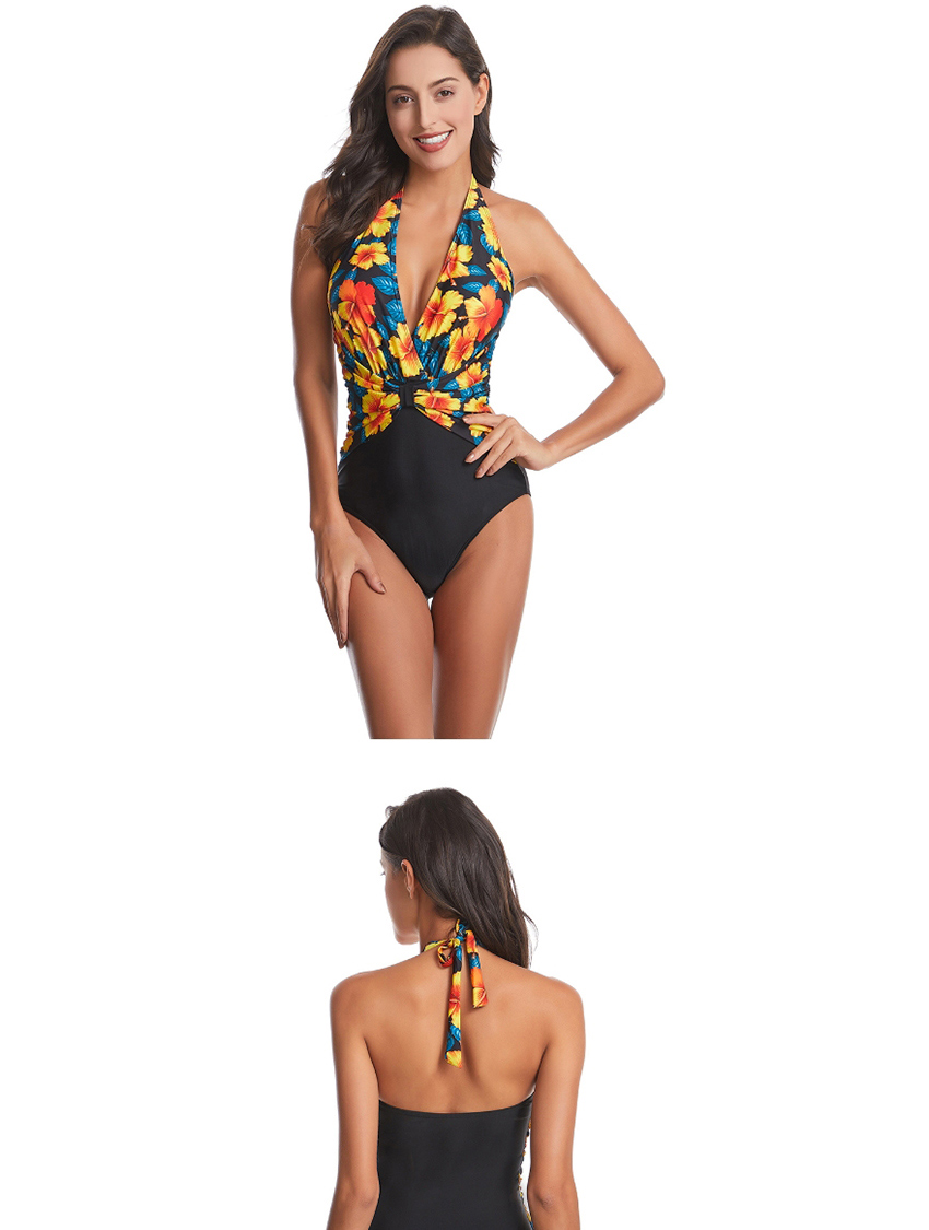 Fashion Leopard Print Printed V-neck Pleated One-piece Swimsuit,One Pieces