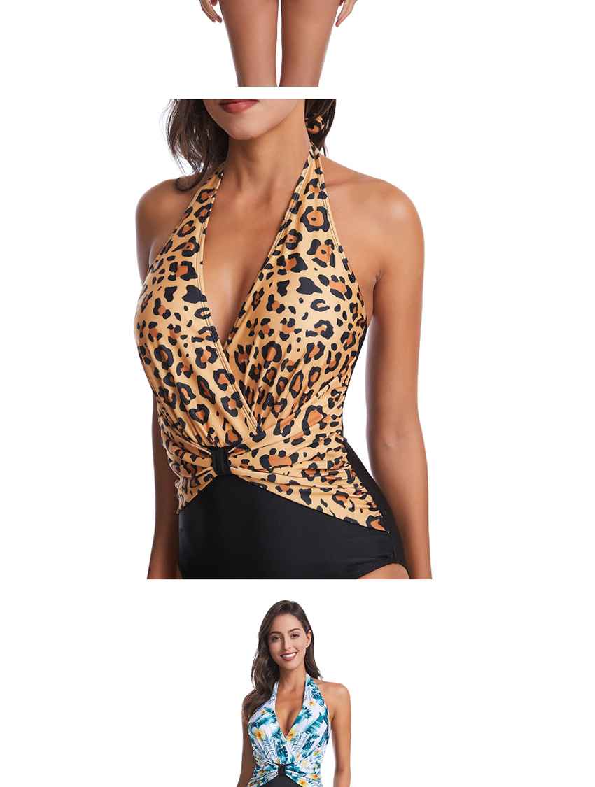 Fashion Leopard Print Printed V-neck Pleated One-piece Swimsuit,One Pieces