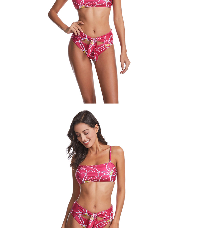 Fashion Rose Red High-waist Printed Knotted Split Swimsuit,Bikini Sets