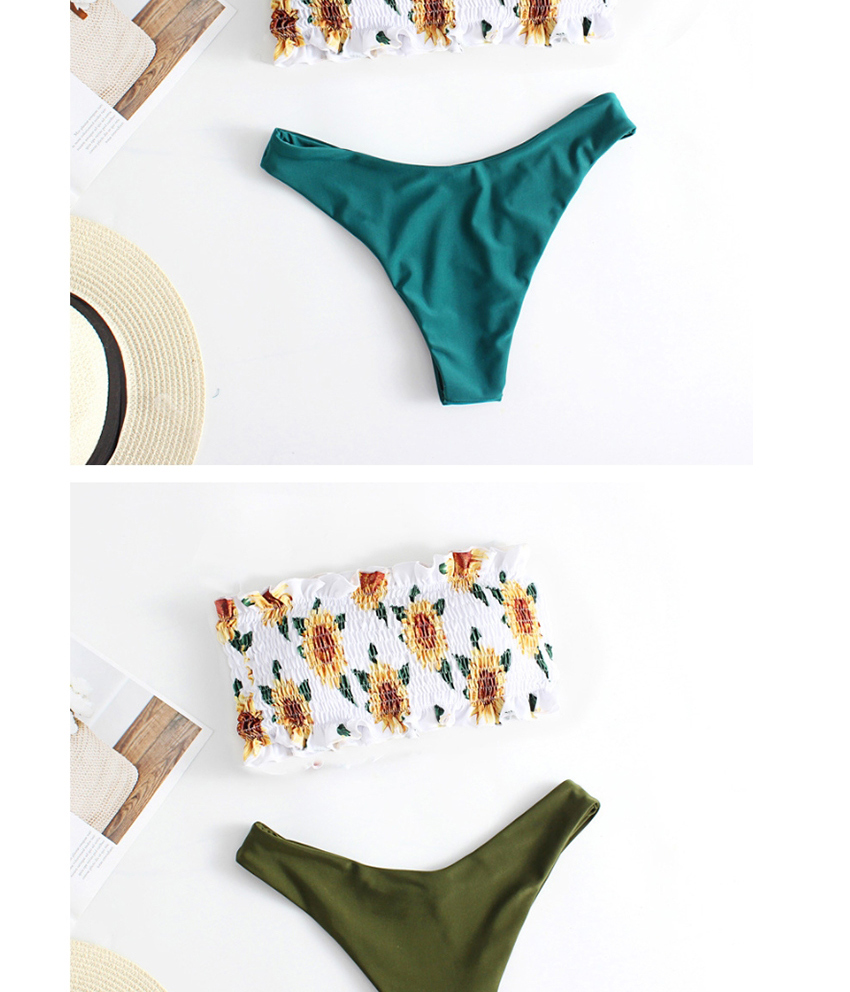 Fashion Army Green Pleated Tube Top Split Swimsuit,Swimwear Sets